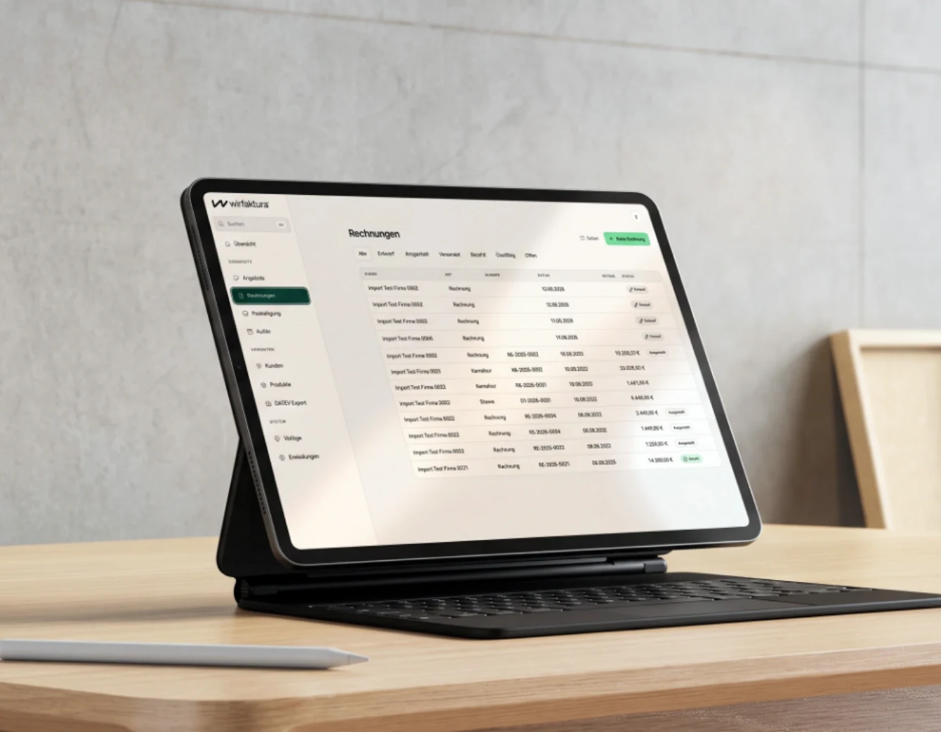 WirFaktura on a tablet, the invoice list