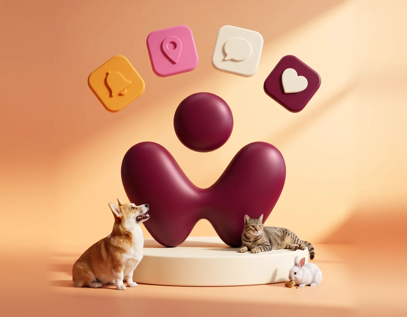 The Pawow symbol as a sculpture with a corgi, a cat and a rabbit