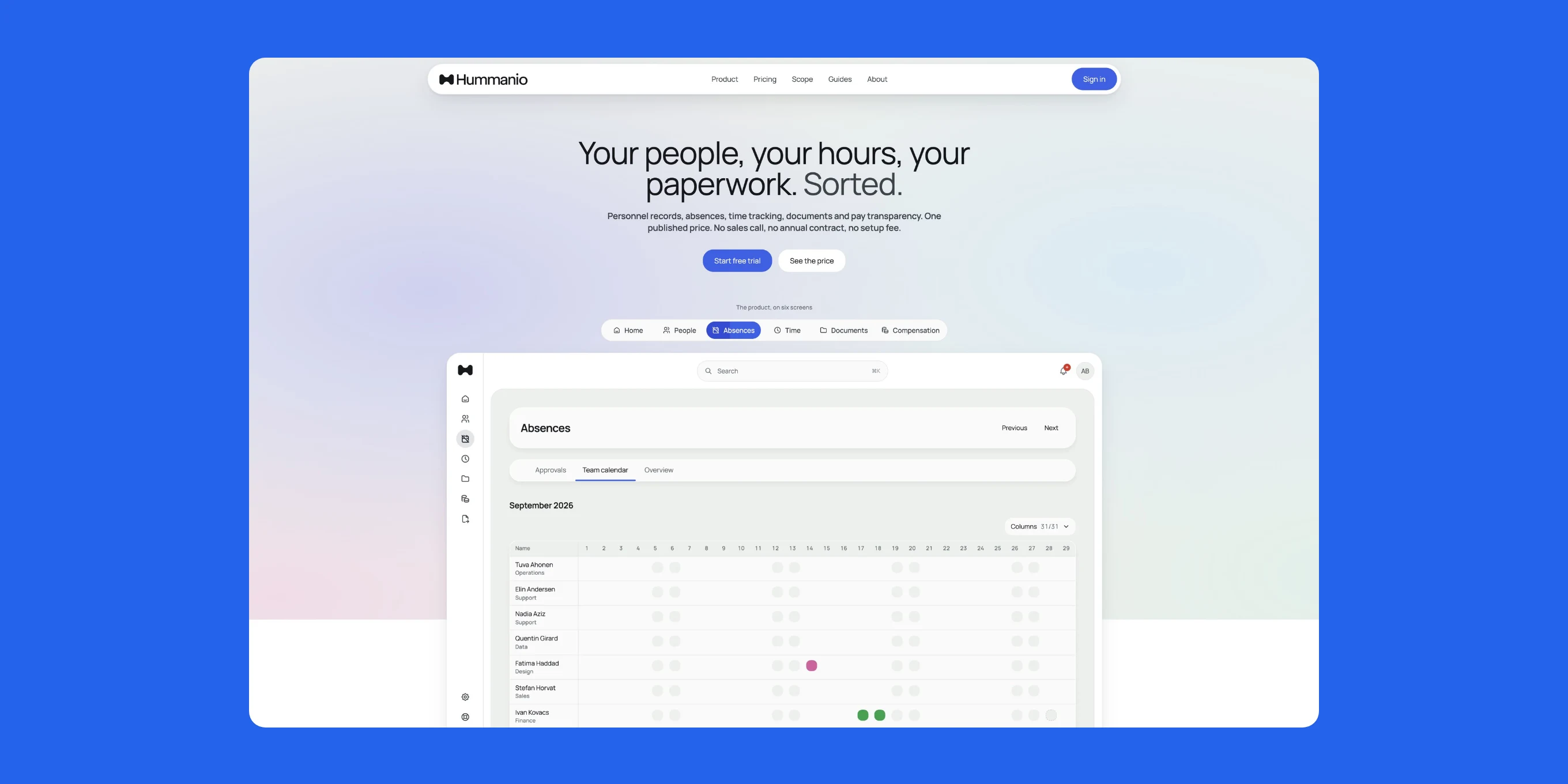 Hummanio app, the absences team calendar