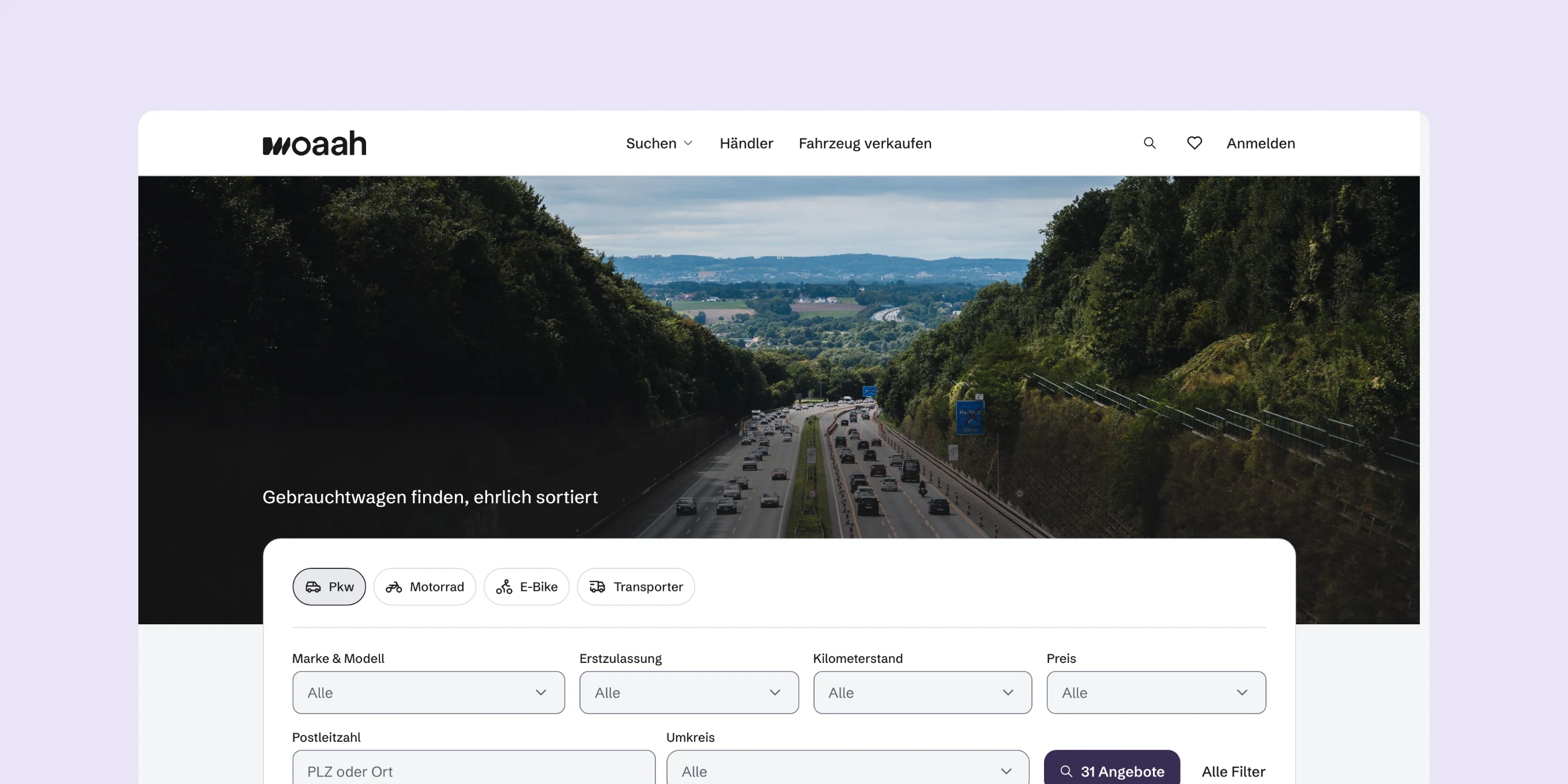 woaah home page with the vehicle search