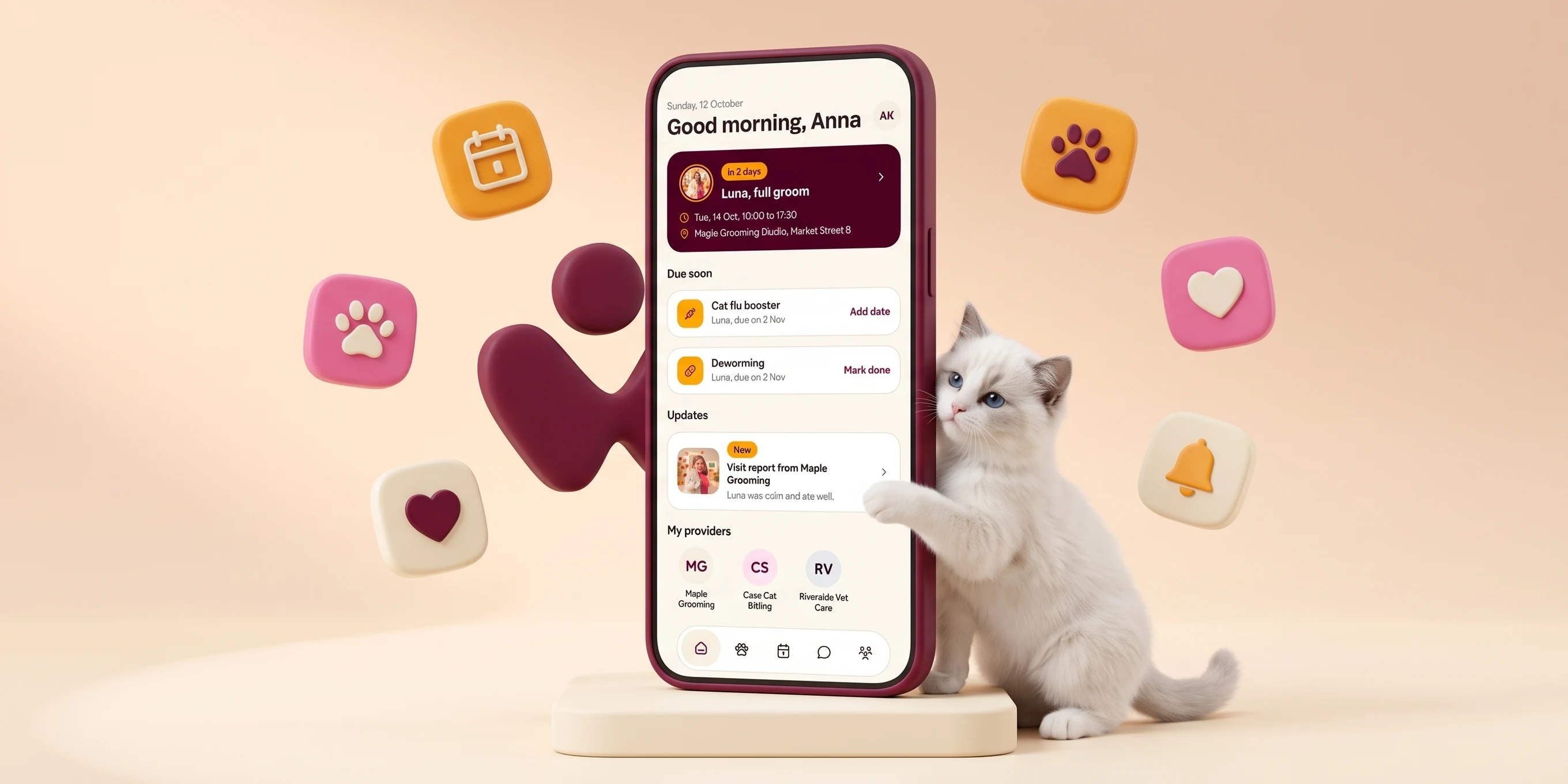 Pawow owner app on a phone, with the Pawow symbol and a kitten