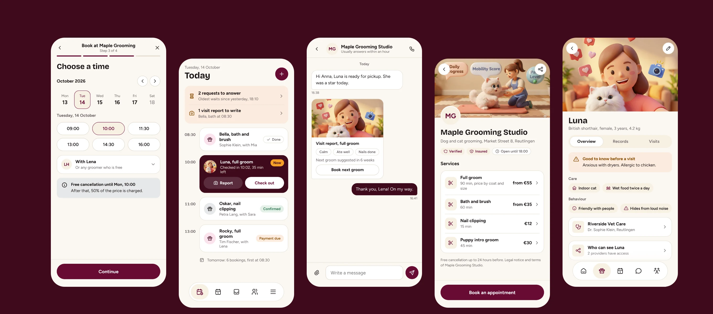 Five Pawow app screens: booking, provider day, chat, provider page and pet profile
