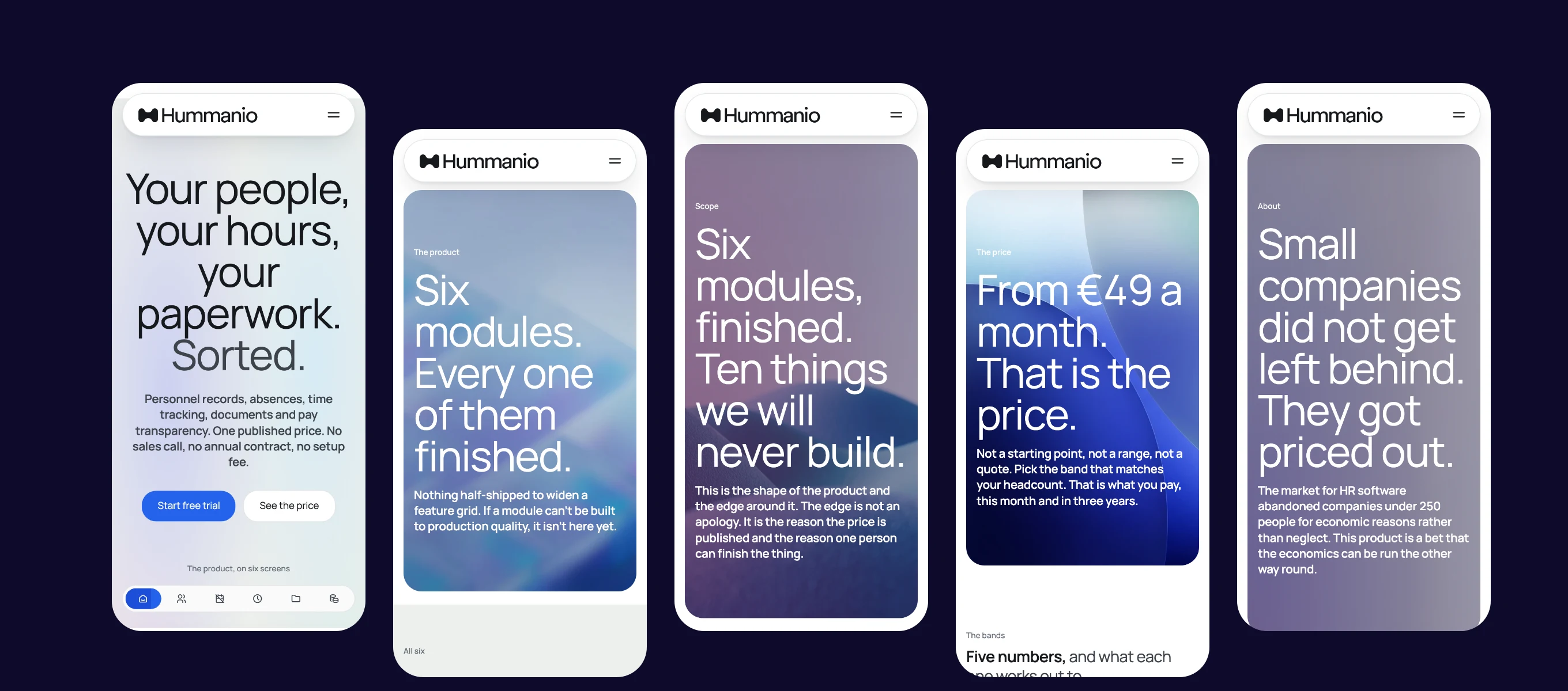 Hummanio on phones: home, product, scope, pricing and about