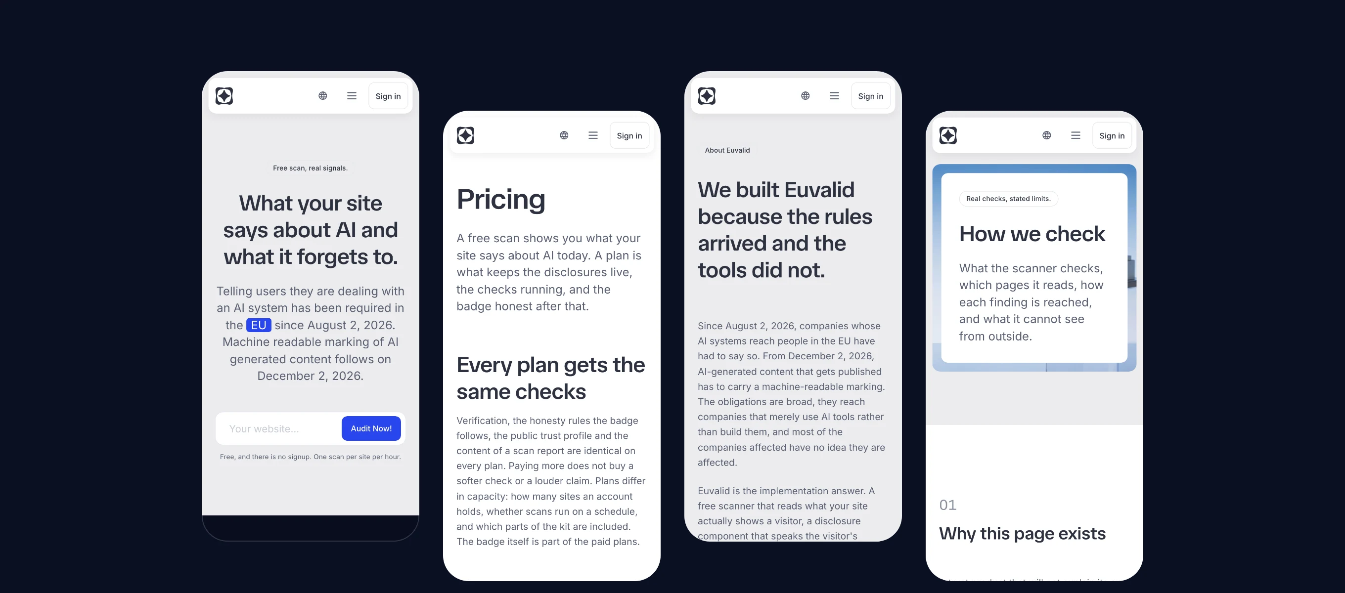 Euvalid on phones: home, pricing, about and how we check