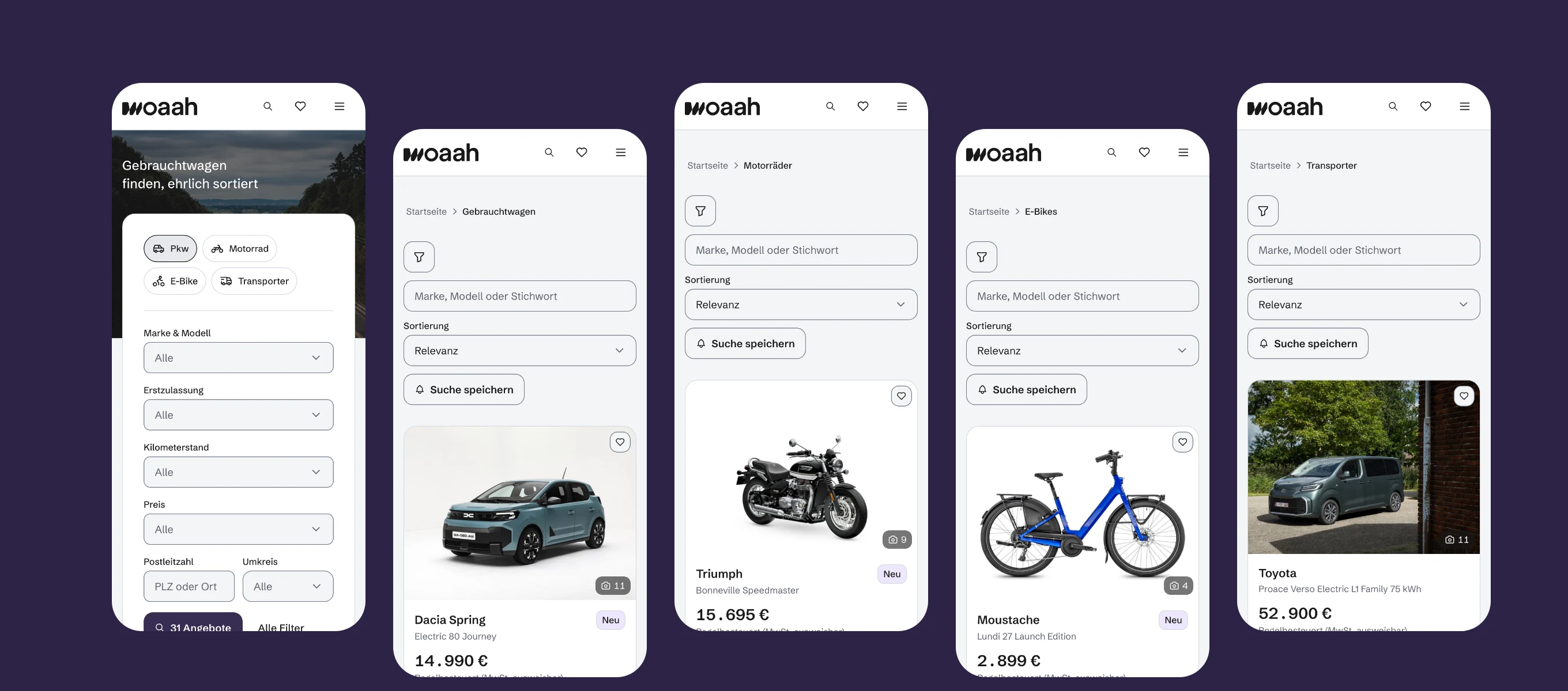 woaah on phones: home and listings for cars, motorbikes, e-bikes and vans